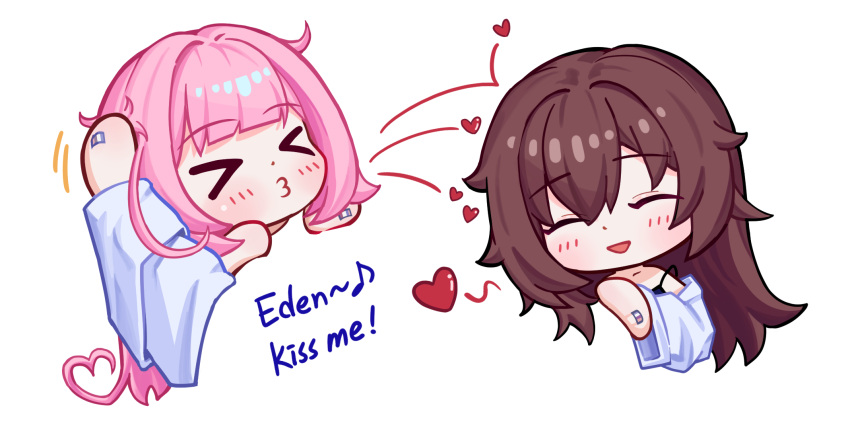 >_<, 2girls, blunt_bangs, blush, brown_hair, closed_eyes, disembodied_limb, dyadyadya