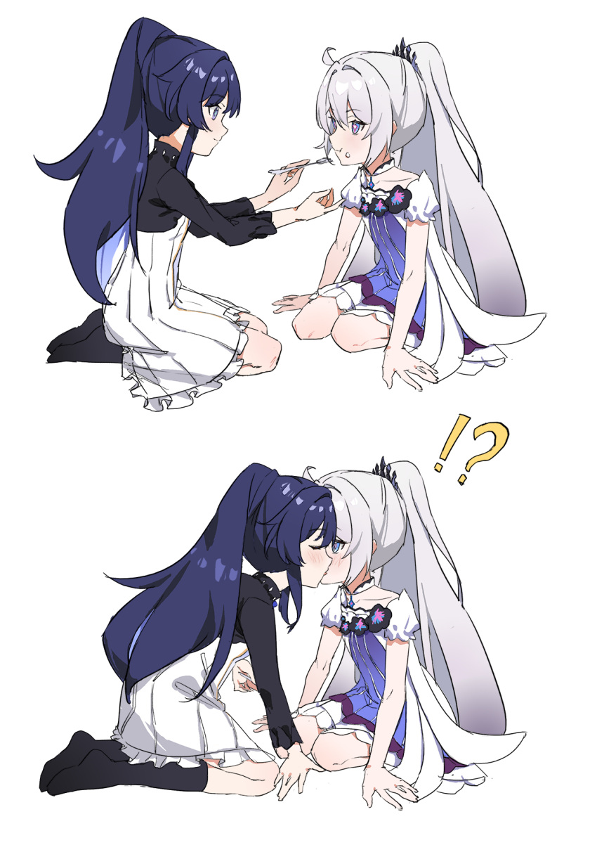 !?, 2girls, aged_down, ahoge, arm_support, black_hair, closed_mouth, commentary