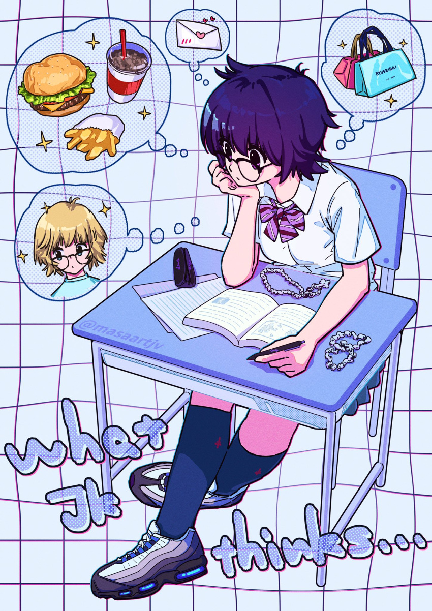 1girl, alternate_hair_color, artist_name, bag, black-framed_eyewear, black_hair, black_socks, blonde_hair, burger, cross, cross_necklace, cup, desk, disposable_cup, elbow_rest, english_text, food, french_fries, full_body, glasses, head_rest, highres, holding, holding_pen, hunter_x_hunter, inverted_cross, jewelry, kneehighs, love_letter, masaartjv, necklace, notebook, paper, pen, pencil_bag, school_desk, school_uniform, shizuku_murasaki, shoes, shopping_bag, short_hair, sitting, sneakers, socks, solo, thought_bubble, white_background, writing