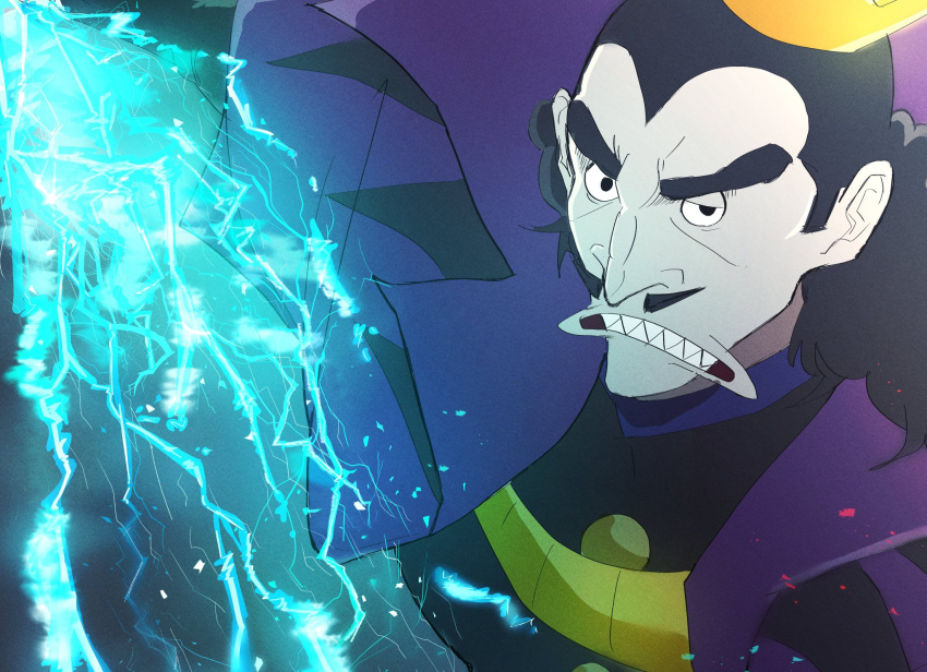 1boy, agenasu_tabetai, aquiline_nose, black_hair, cape, crown, desha_(ousama_ranking), electricity, electrokinesis, facial_hair, highres, long_mouth, long_sleeves, male_focus, mustache, ousama_ranking, purple_cape, sharp_teeth, short_hair, solo, teeth, thick_eyebrows, upper_body, v-shaped_eyebrows
