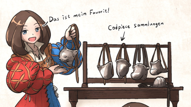 1girl, blue_eyes, brown_hair, clothes_rack, codpiece, holding, ironlily, landsknecht
