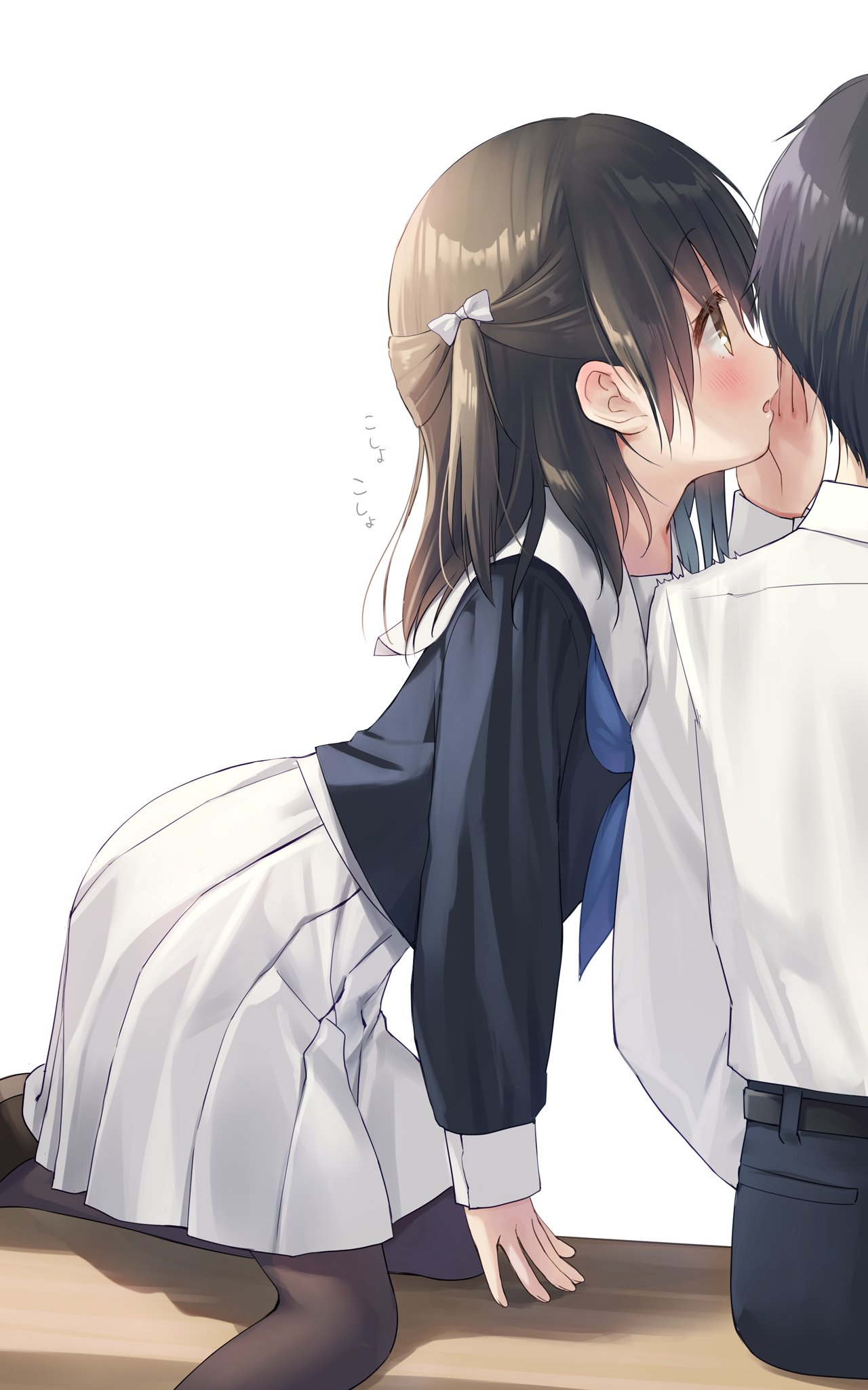 1boy, 1girl, arm_support, bench, black_hair, black_pants, black_pantyhose, blue_neckerchief