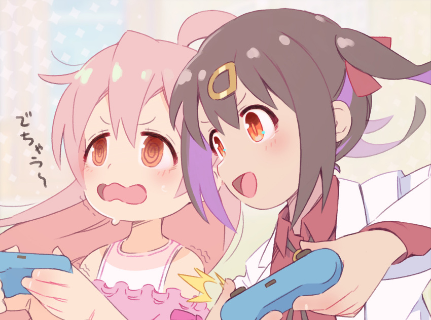 2girls, :d, @_@, ahoge, black_hair, brown_eyes, colored_inner_hair, commentary_request