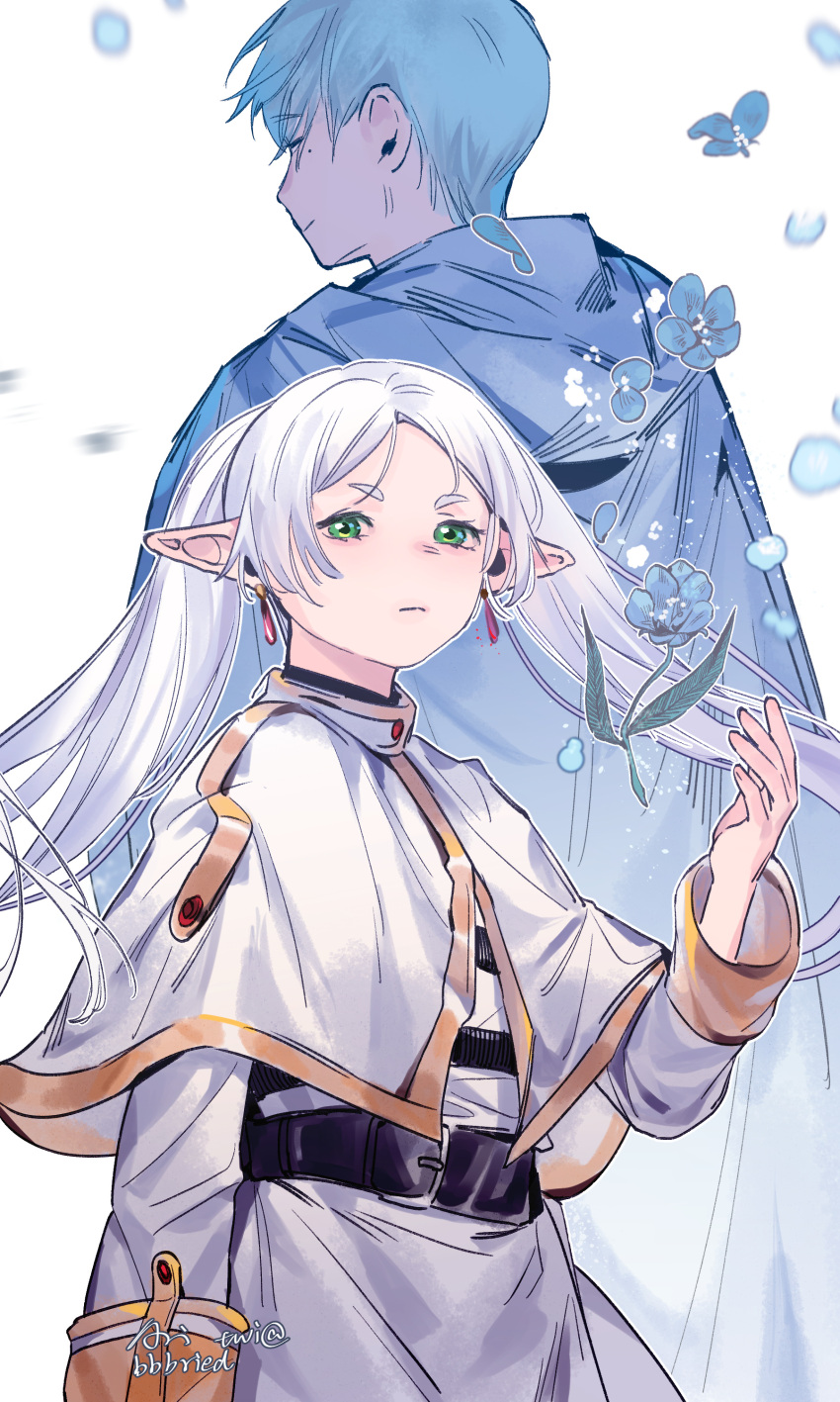 1boy, 1girl, absurdres, blue_flower, blue_hair, capelet, closed_mouth, dress