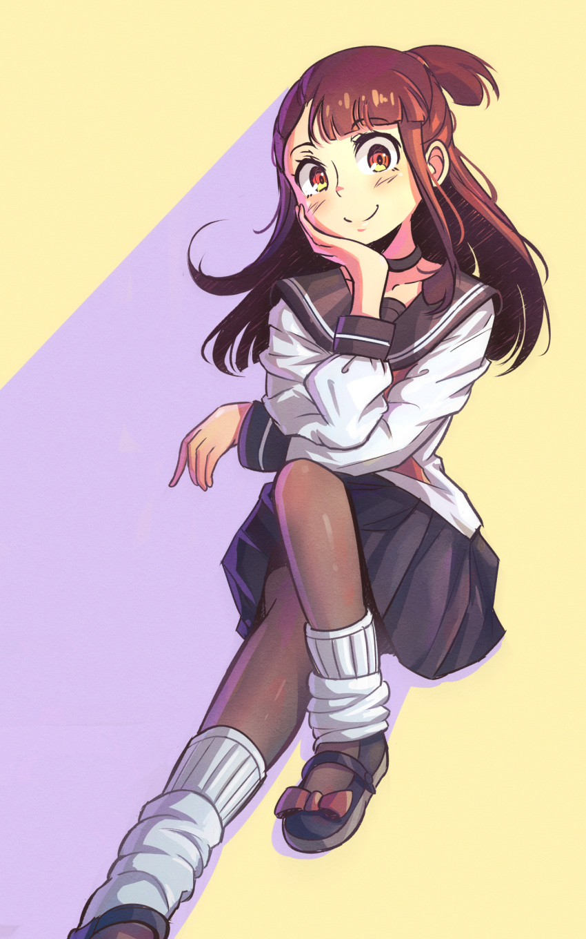 1girl, absurdres, alternate_costume, asymmetrical_bangs, black_choker, black_sailor_collar, black_skirt, blunt_bangs, brown_eyes, brown_hair, choker, closed_mouth, collarbone, collared_shirt, floating_hair, grey_pantyhose, head_rest, highres, kagari_atsuko, little_witch_academia, long_hair, long_sleeves, looking_at_viewer, loose_socks, madabau, miniskirt, neckerchief, one_side_up, pantyhose, pleated_skirt, red_neckerchief, sailor_collar, sailor_shirt, school_uniform, serafuku, shirt, sitting, skirt, smile, socks, solo, white_shirt, white_socks