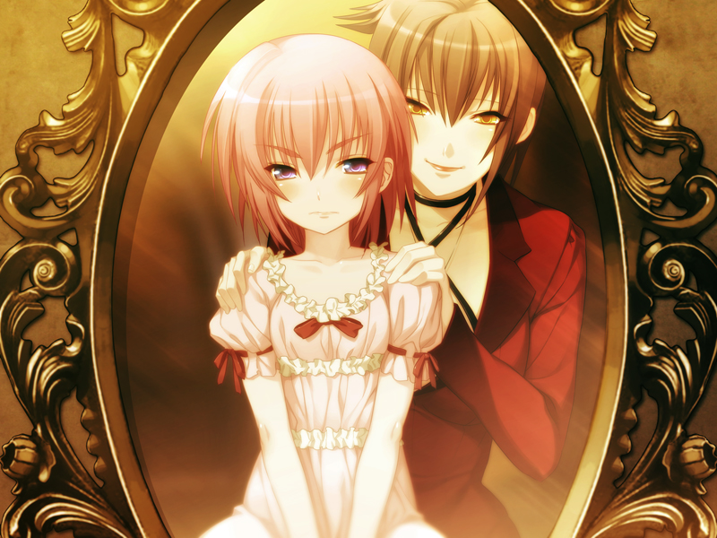 2girls, black_choker, bow, brown_hair, choker, collarbone, dress, frilled_dress, frills, game_cg, gekkou_no_carnevale, hands_on_another's_shoulders, jacket, long_sleeves, mirror, multiple_girls, noel_(gekkou_no_carnevale), oosaki_shin'ya, pink_dress, pink_eyes, pink_hair, rebecca_(gekkou_no_carnevale), red_bow, red_jacket, short_hair, short_sleeves, yellow_eyes