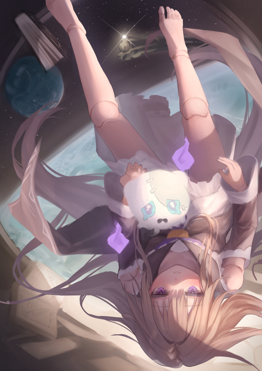 1girl, absurdres, barefoot, book, brown_hair, doll_joints, dress, feet