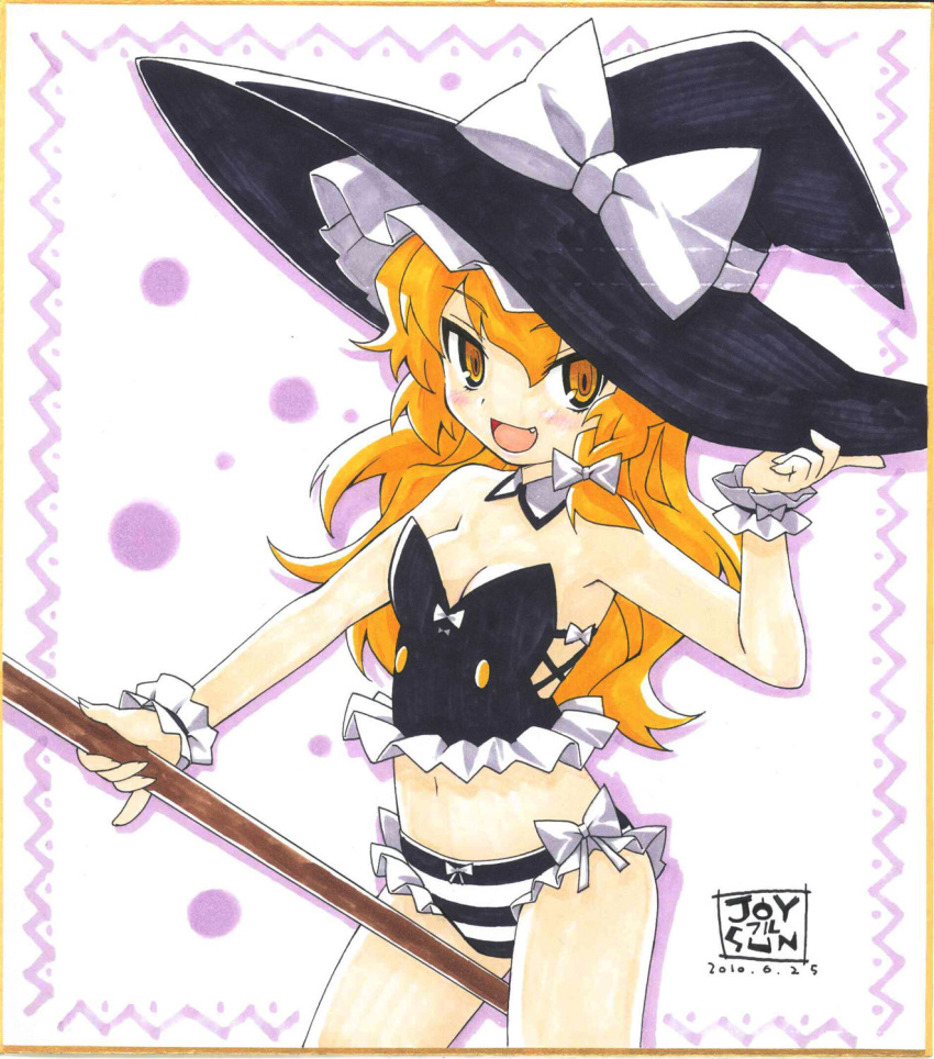 blonde_hair, braid, broom, bustier, fang, hat, highres, kirisame_marisa
