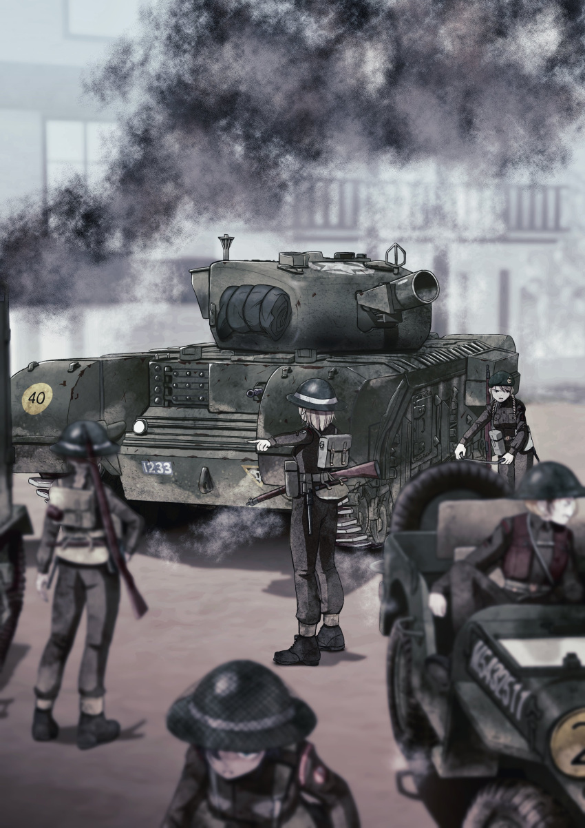 5girls, absurdres, beret, bolt_action, british_army, churchill_(tank), combat_helmet, green_headwear