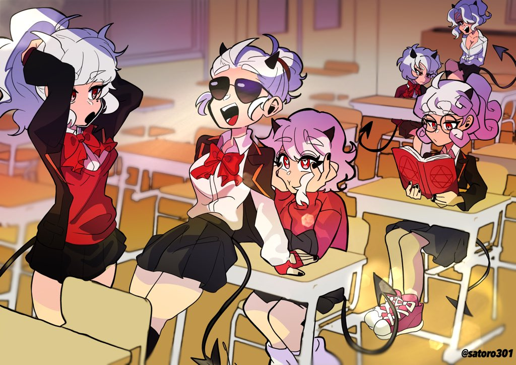 6+girls, arms_behind_head, black_horns, black_jacket, black_nails, black_skirt, book, demon, demon_girl, demon_horns, demon_tail, desk, gloves, heart, heart-shaped_pupils, helltaker, holding, holding_book, horns, jacket, justice_(helltaker), lucifer_(helltaker), malina_(helltaker), modeus_(helltaker), mole, mole_under_eye, multiple_girls, open_mouth, pandemonica_(helltaker), reading, red_eyes, red_gloves, red_sweater, round_eyewear, satoro301, school, school_uniform, shirt, skirt, sunglasses, sweater, symbol-shaped_pupils, tail, white_hair, white_shirt, zdrada_(helltaker)