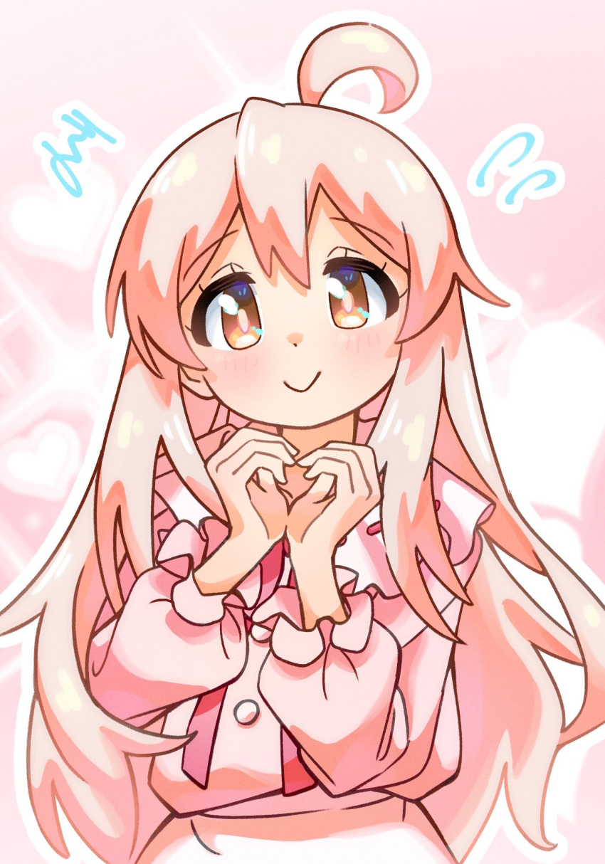 1girl, ahoge, brown_eyes, commentary, flying_sweatdrops, hair_between_eyes, heart, heart_background