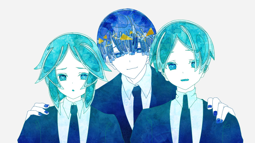 3others, alternate_costume, androgynous, bad_source, hand_on_another's_shoulder, highres, houseki_no_kuni, looking_at_viewer