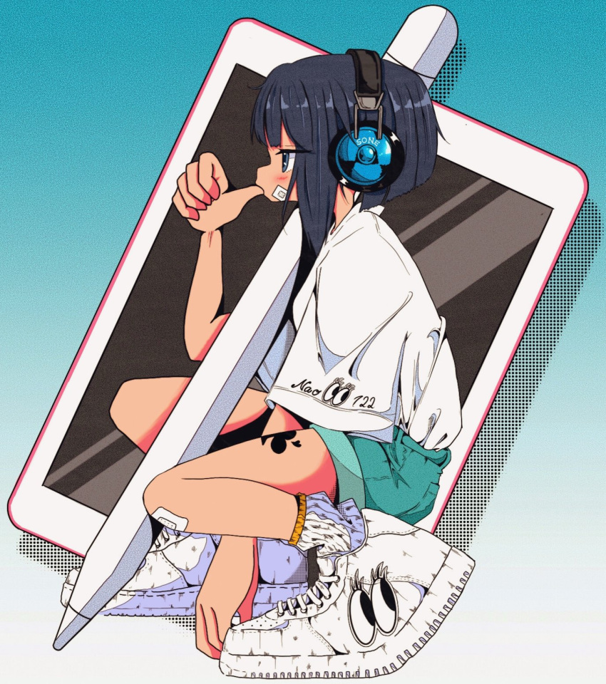 1girl, apple_pencil, aqua_background, aqua_shorts, artist_name, bandaid, bandaid_on_cheek, bandaid_on_face, bandaid_on_knee, bandaid_on_leg, between_legs, black_hair, clothes_writing, from_side, full_body, gradient_background, grey_eyes, hand_between_legs, hand_up, headphones, heel_up, highres, ipad, leg_tattoo, medium_hair, nao97122, original, oversized_object, profile, shirt, shirt_tucked_in, shoes, short_sleeves, shorts, sidelocks, sneakers, socks, solo, squatting, stylus, t-shirt, tablet_pc, tattoo, thumb_to_mouth, white_footwear, white_shirt, white_socks