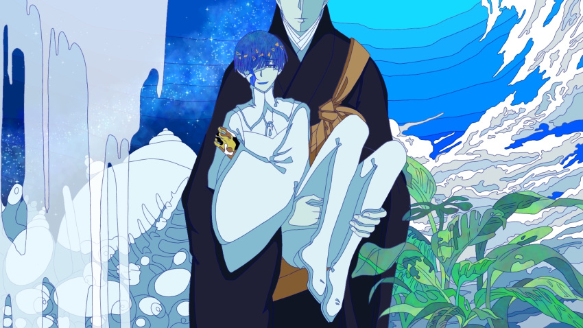 1other, androgynous, bad_source, blue_eyes, galaxy_background, golden_arms, highres, houseki_no_kuni, kongou_sensei, long_sleeves, looking_at_viewer, moon_uniform_(houseki_no_kuni), phosphophyllite, phosphophyllite_(ll), shirokuko, short_hair, sky_background