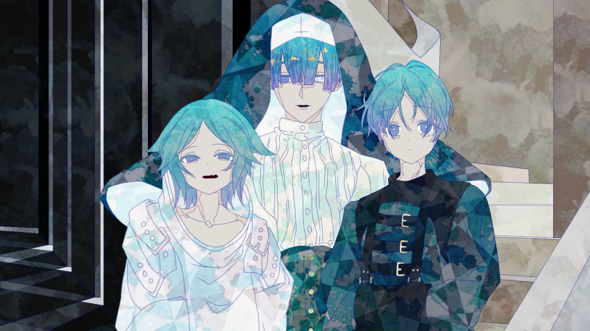 3others, alternate_costume, ambiguous_gender, androgynous, asylum_(location), bad_source, blue_eyes, hair_ornament, highres, houseki_no_kuni, long_sleeves, looking_at_viewer, multiple_others, phosphophyllite, phosphophyllite_(ll), shirokuko, short_hair, smile