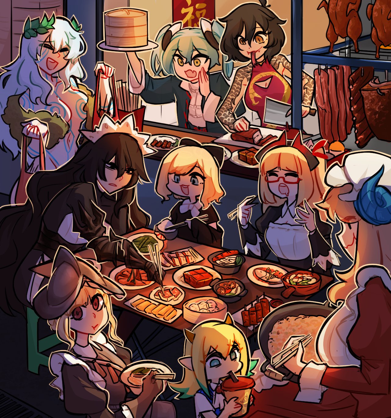 6+girls, apron, arm_tattoo, bamboo_steamer, bodypaint, borrowed_character, bubble_tea, centurii-chan_(artist)