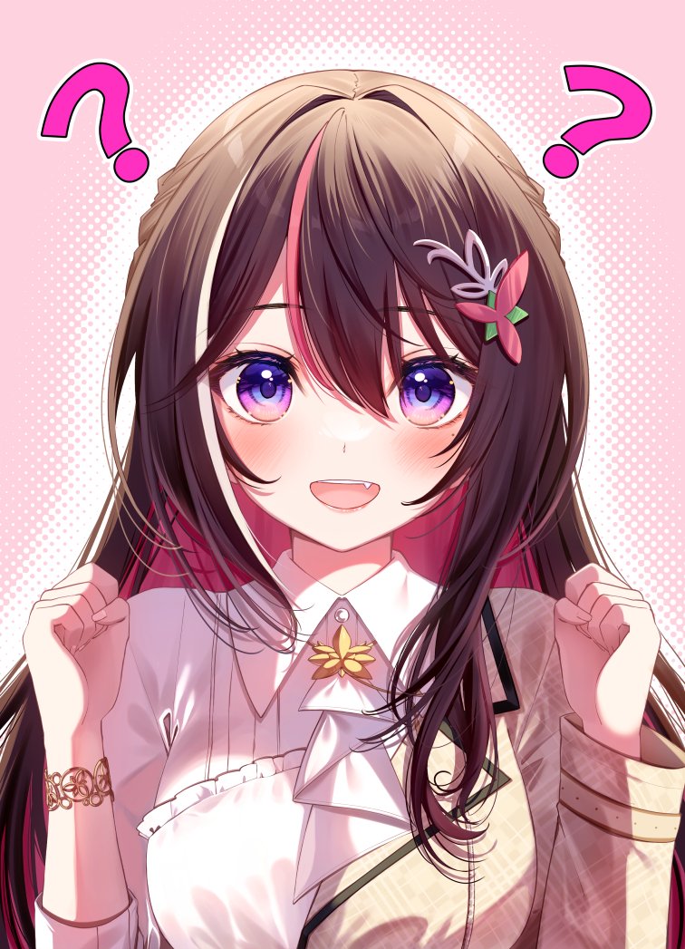 1girl, ?, ascot, azki_(4th_costume)_(hololive), azki_(hololive), blush, bracelet, brown_hair
