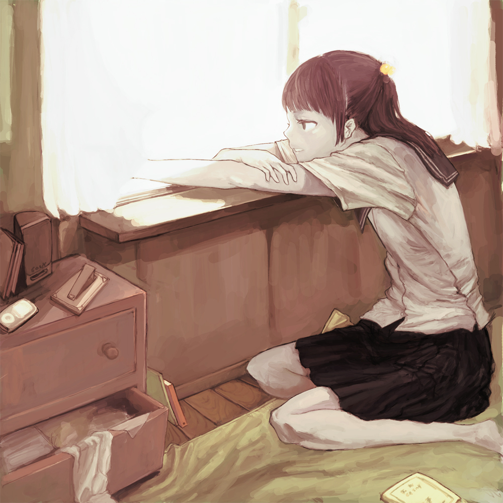 book, brown_hair, drawer, mo-mo-ride, original, room, school_uniform, seiza