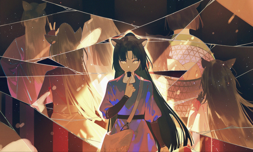 6+girls, animal_ears, arknights, bag, black_gloves, black_hair, black_kimono, chinese_commentary, closed_mouth, commentary_request, crack, dog_ears, dress, expressionless, food, gloves, green_kimono, hand_up, handbag, highres, holding, holding_food, japanese_clothes, kimono, long_hair, looking_at_viewer, lubusi, multiple_girls, obi, onigiri, parted_bangs, pink_kimono, ponytail, purple_dress, purple_kimono, reflection, saga_(arknights), saga_(there_they_be)_(arknights), sash, shattered, short_hair, very_long_hair, yellow_bag, yellow_eyes
