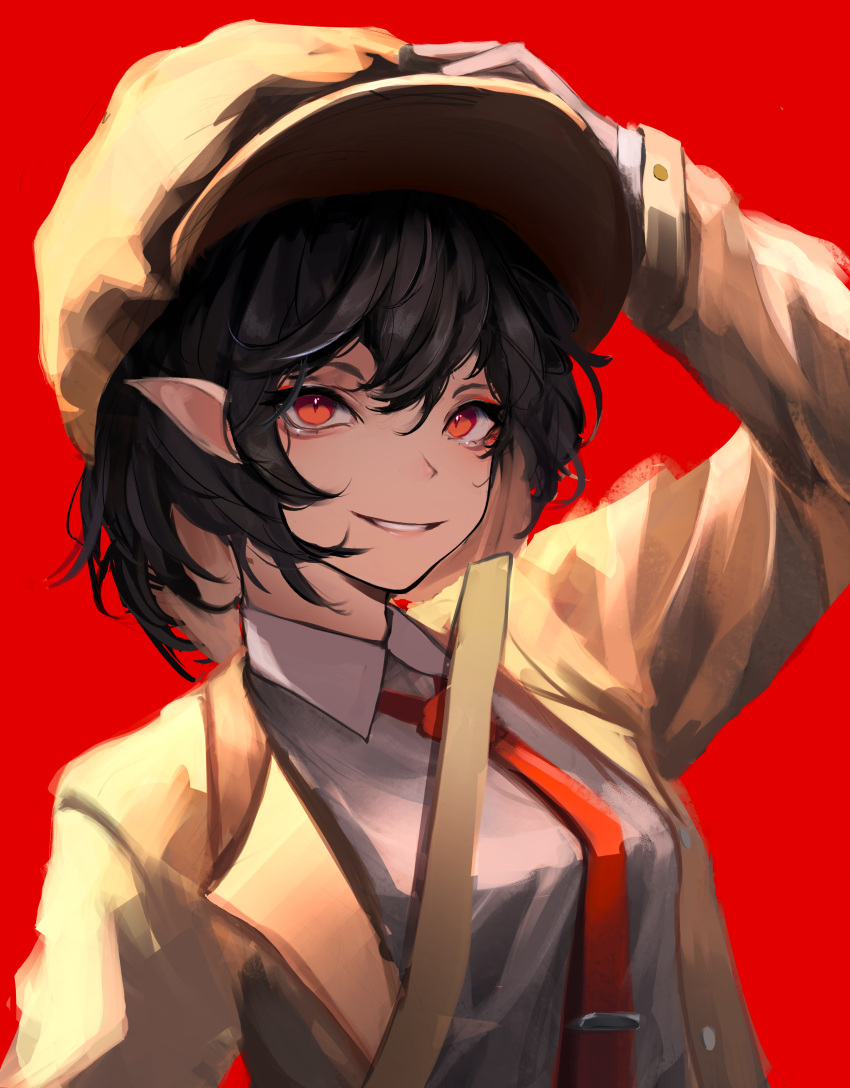 1girl, absurdres, black_hair, highres, red_eyes, shameimaru_aya, shameimaru_aya_(newsboy), short_hair