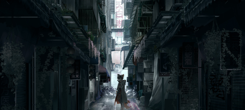 1boy, aak_(arknights), air_conditioner, alley, animal_ears, arknights, brick_wall, canopy_(shelter)