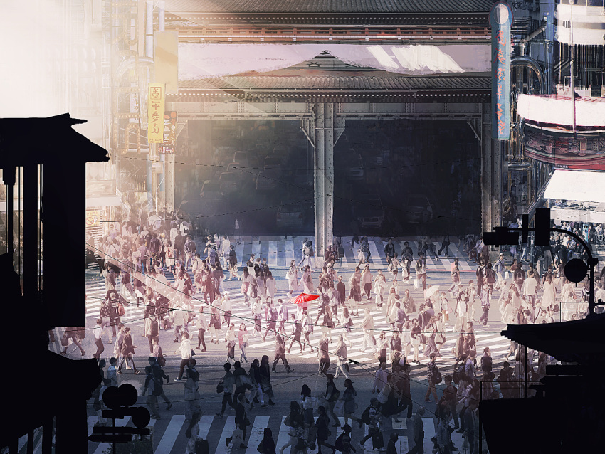 architecture, car, cityscape, clip_studio_paint_(medium), commentary, crosswalk, english_commentary, holding