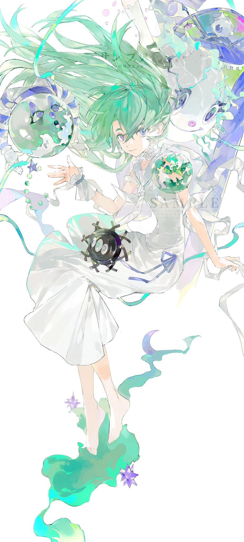 1girl, baifeidaiwang, barefoot, blue_bracelet, blue_eyes, blue_ribbon, bow, breasts