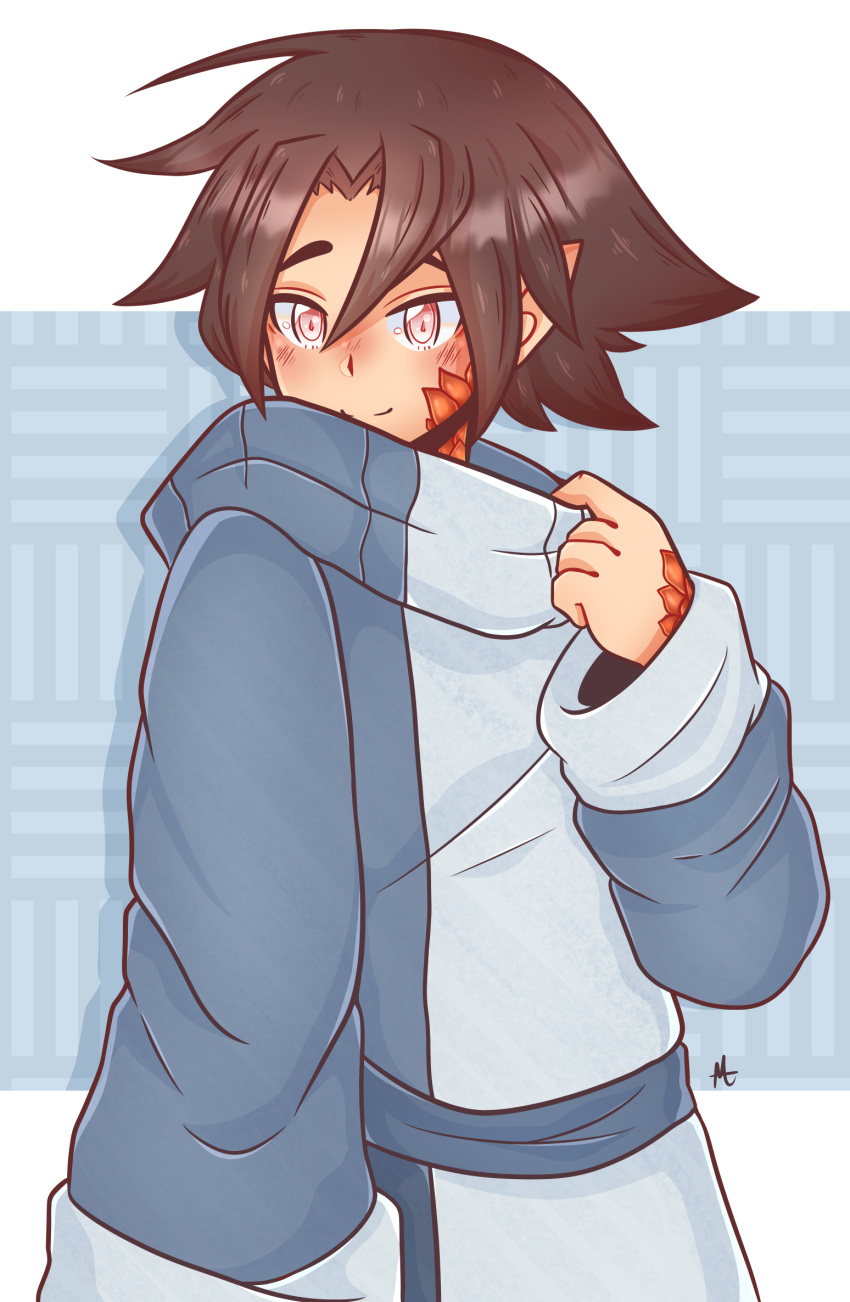 1boy, baggy_pants, black_hair, blue_pants, blue_shirt, blush, crystal_story, crystal_story_ii