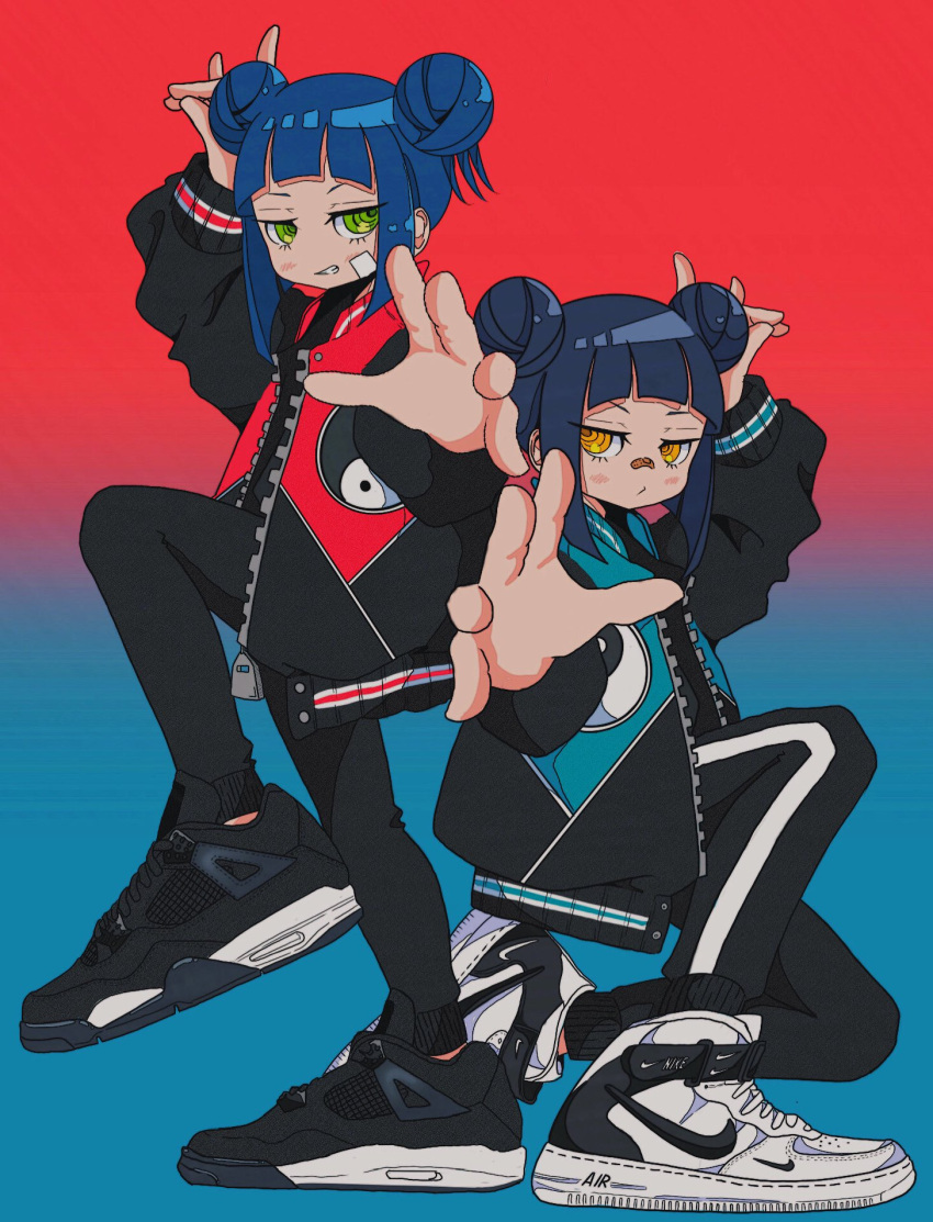 2girls, air_jordan, air_jordan_4, arm_up, back-to-back, bandaid, bandaid_on_cheek, bandaid_on_face