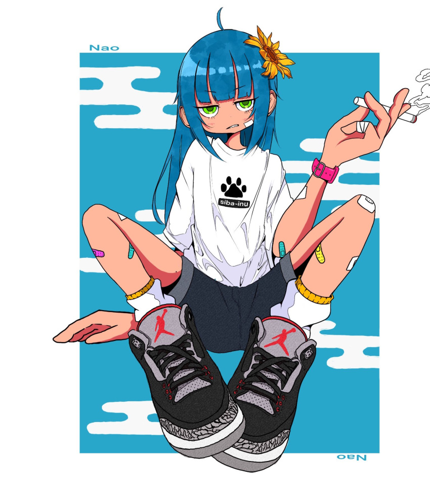 1girl, ahoge, air_jordan, air_jordan_3, artist_name, bandaid, bandaid_on_arm, bandaid_on_cheek