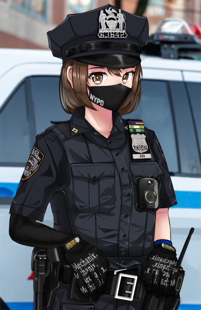 1girl, arm_warmers, badge, belt, body_cam, brown_eyes, brown_hair, car
