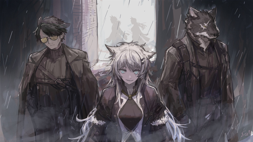 2girls, 3boys, animal_ears, arknights, black_jacket, black_shirt, blue_eyes, capone_(arknights)