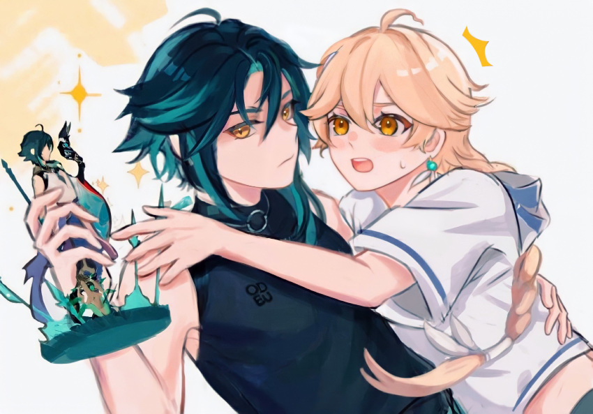 2boys, aether_(genshin_impact), ahoge, alternate_costume, armor, artist_name, baggy_pants, bare_shoulders, black_footwear, black_gloves, black_mask, black_shirt, blonde_hair, blue_hair, blue_pants, boots, braid, closed_mouth, clothes_writing, dark_blue_hair, detached_sleeves, diamond-shaped_pupils, diamond_(shape), earrings, facial_mark, feather_hair_ornament, feathers, figure, figurine, forehead_mark, genshin_impact, gloves, gold_trim, grey_shorts, hair_between_eyes, hair_ornament, hand_up, hane_(odeu), highres, holding, holding_mask, holding_trophy, holding_weapon, jewelry, long_hair, long_sleeves, looking_to_the_side, male_focus, mask, multicolored_hair, multiple_boys, necklace, open_mouth, orange_eyes, pants, primordial_jade_winged-spear_(genshin_impact), shirt, short_hair, short_sleeves, shorts, shoulder_armor, simple_background, single_bare_shoulder, single_detached_sleeve, single_earring, sleeveless, sleeveless_shirt, sparkle, standing, sweatdrop, symbol-shaped_pupils, teeth, tongue, two-tone_hair, weapon, white_background, white_shirt, wide_sleeves, xiao_(genshin_impact), yellow_eyes