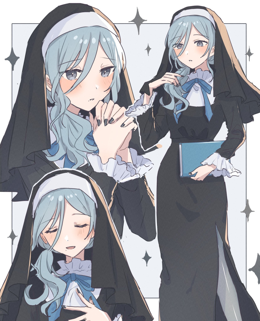1girl, alternate_costume, alternate_hairstyle, arm_at_side, black_dress, black_nails, black_veil, blue_eyes