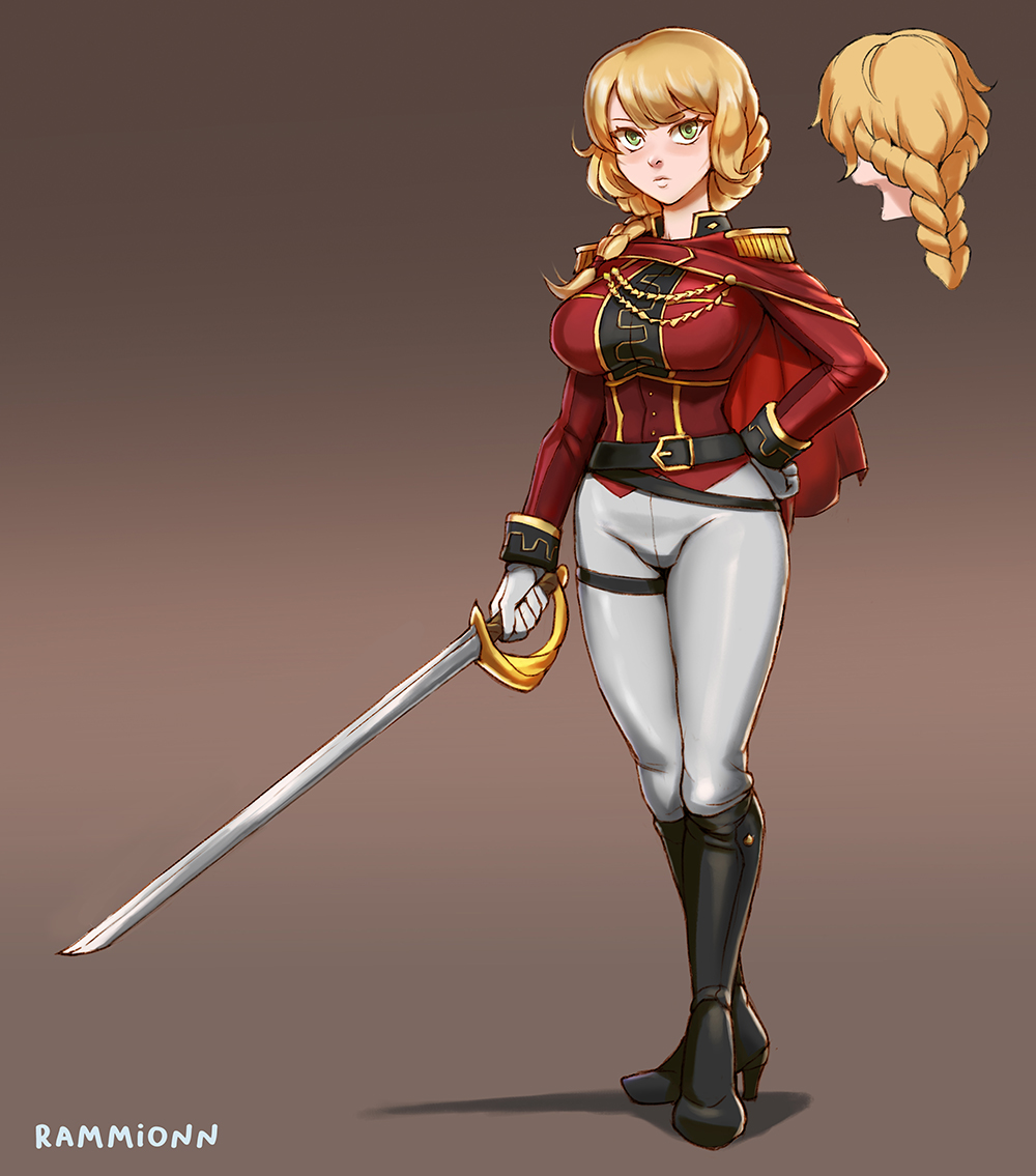 1girl, artist_name, belt, belt_buckle, blonde_hair, boots, braid, breasts, buckle, commentary, commission, epaulettes, full_body, gloves, green_eyes, high_heel_boots, high_heels, holding, holding_sword, holding_weapon, large_breasts, long_sleeves, looking_at_viewer, original, rammionn, shadow, solo, standing, sword, thigh_strap, watermark, weapon