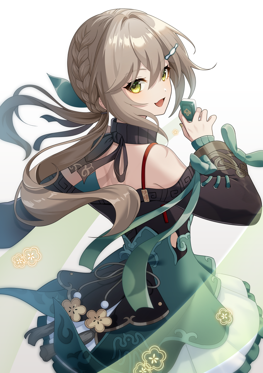 1girl, :d, black_shirt, blush, braid, brown_hair, chieezuik, cowboy_shot