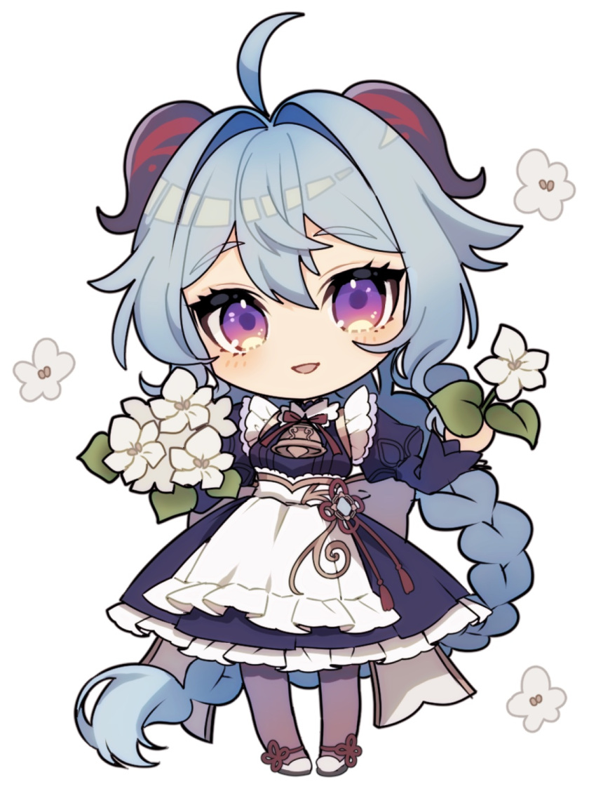 1girl, ahoge, apron, bell, blue_hair, braid, commentary_request, flower