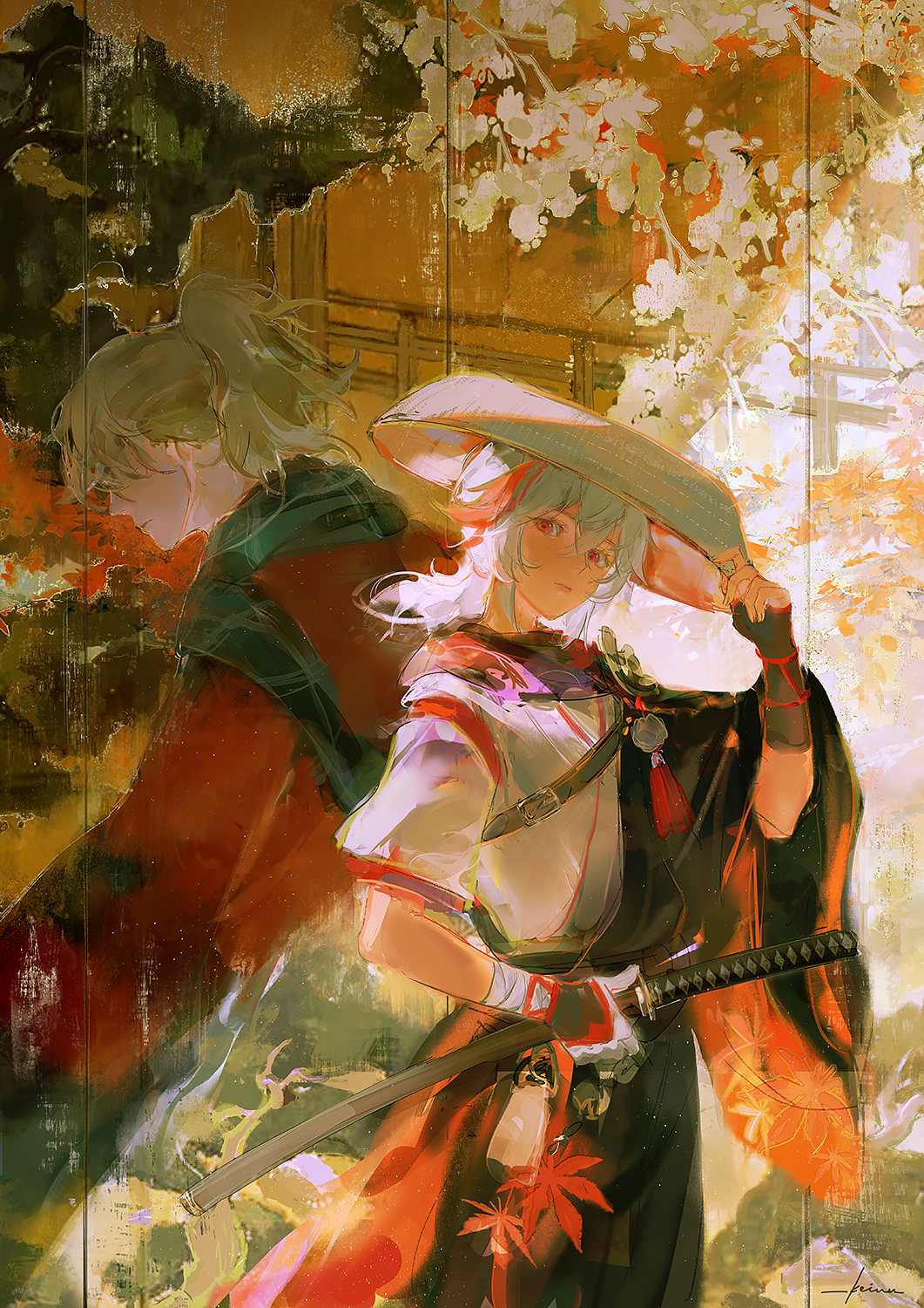 2boys, black_gloves, black_hakama, brothers, closed_mouth, cowboy_shot, crossed_bangs, faux_traditional_media