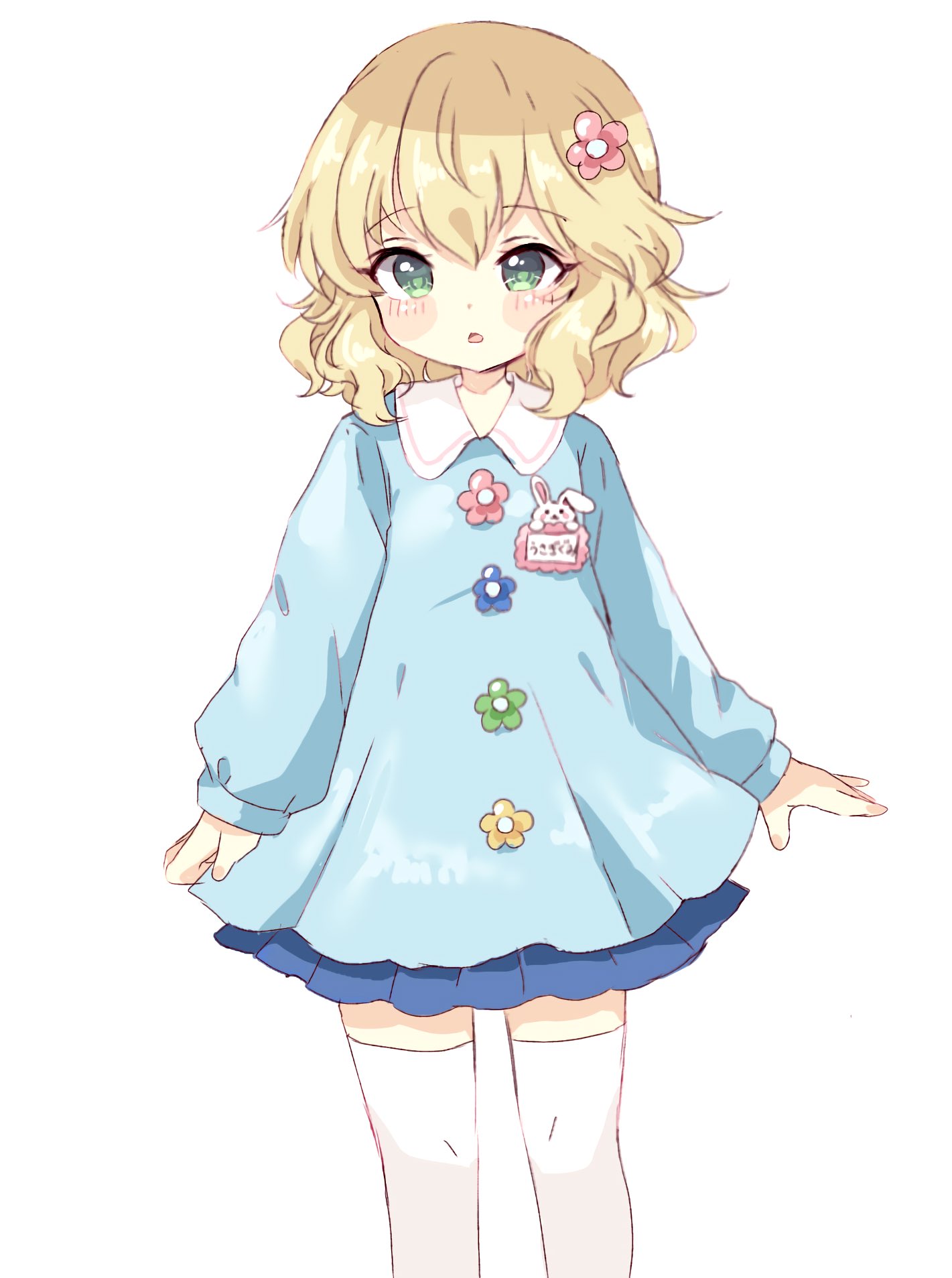 1girl, blonde_hair, blue_dress, blue_skirt, blush, dress, feet_out_of_frame, green_eyes