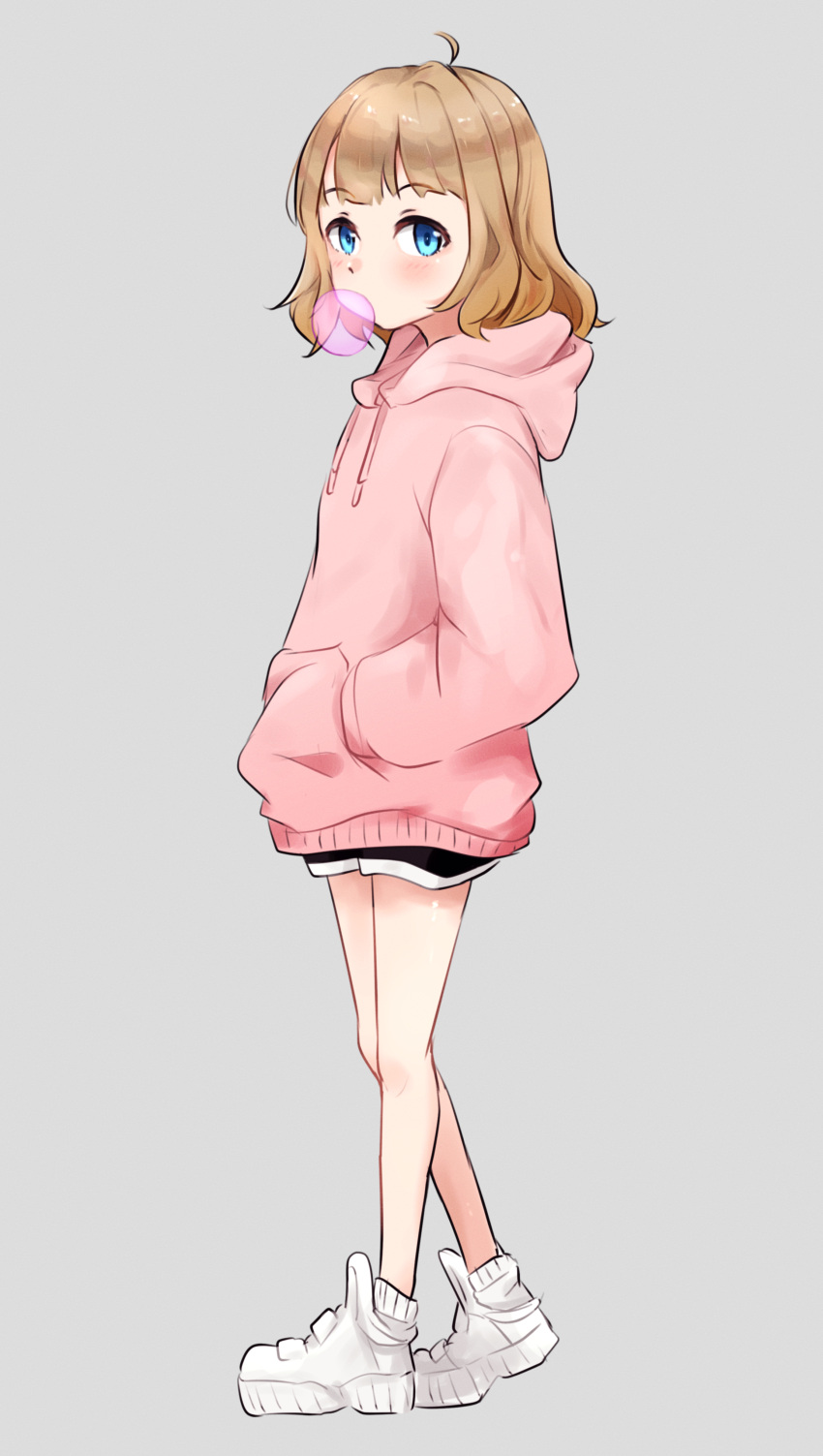absurdres, blue_eyes, blush, brown_hair, chewing_gum, dolphin_shorts, hands_in_pockets, highres, hood, hoodie, idolmaster, idolmaster_million_live!, looking_at_viewer, mer_(mer3in), pink_hoodie, shoes, short_hair, shorts, simple_background, sneakers, socks, suou_momoko, white_sneakers, white_socks