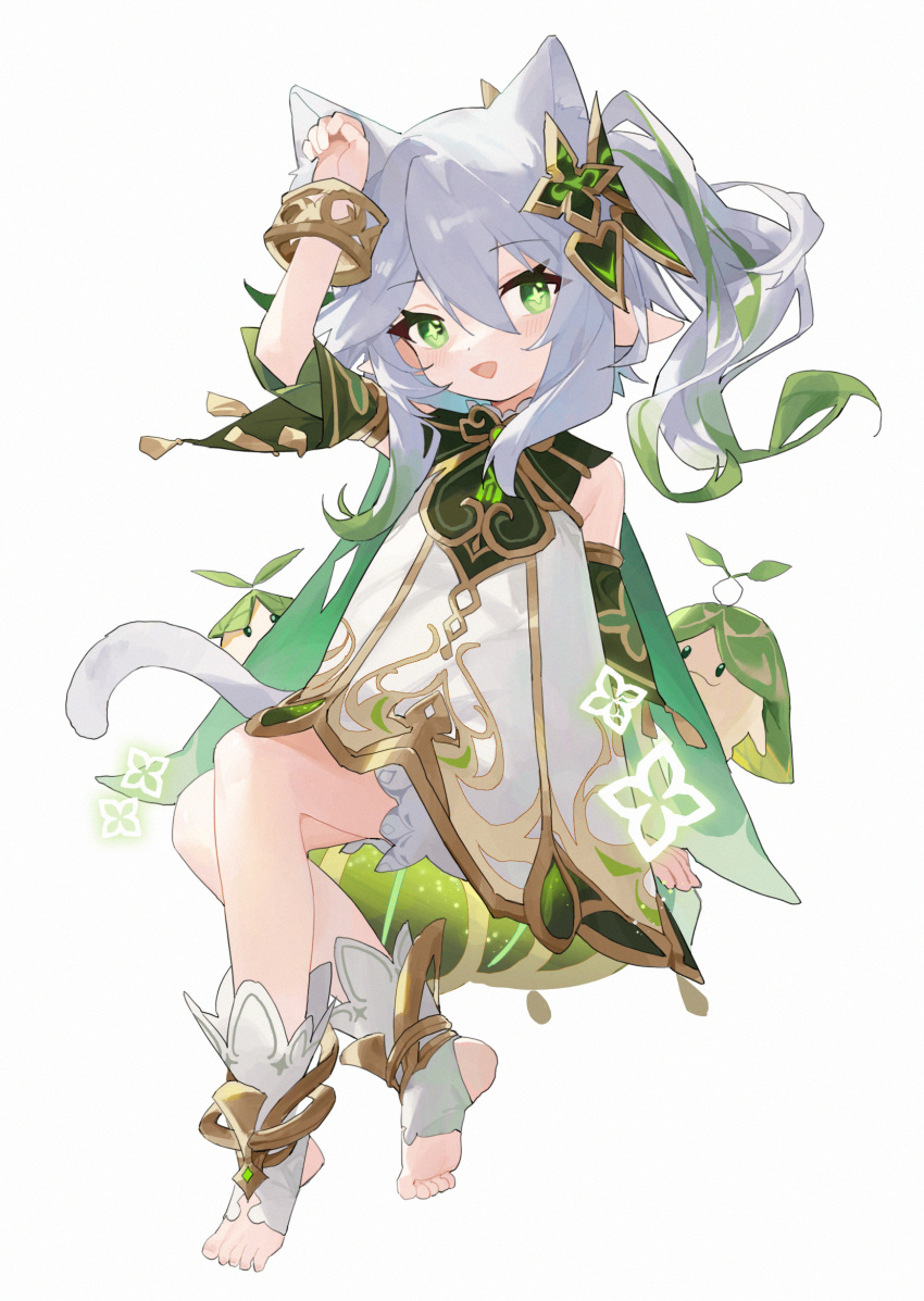 1girl, :d, animal_ears, arm_up, bracelet, cape, cat_ears, cat_tail