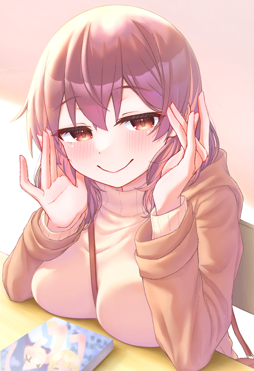 1girl, between_breasts, book, breast_rest, breasts, brown_eyes, brown_hair, brown_jacket, commentary, dot_nose, hair_between_eyes, hair_down, highres, jacket, large_breasts, light_blush, long_hair, long_sleeves, looking_at_viewer, minori_13101, multicolored_hair, murosaki_miyo, onii-chan_wa_oshimai!, redhead, smile, solo, strap_between_breasts, sweater, turtleneck, turtleneck_sweater, two-tone_hair, white_sweater