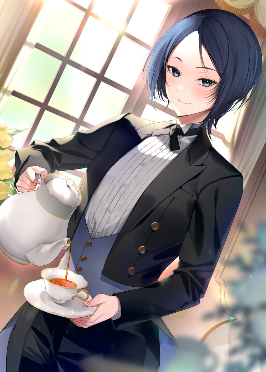 1girl, absurdres, arrow_(tamawo222), black_pants, black_ribbon, black_suit, blue_eyes, blue_hair