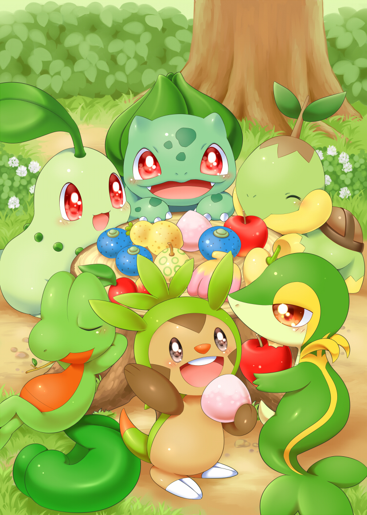 aimi_(aimia492), apple, aspear_berry, berry_(pokemon), blush, brown_eyes, bulbasaur, bush
