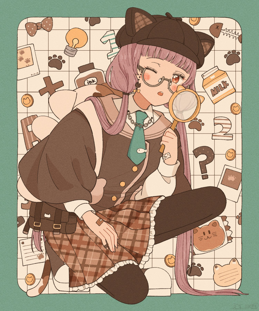 1girl, ?, animal_ears, animal_hat, backpack, bag, bandaid, bandaid_on_hand, blunt_bangs, blush, bow, brown_headwear, brown_skirt, capelet, cat_ears, cat_hat, collared_shirt, commentary_request, cookie, eeppa_(eextupa0000), fake_animal_ears, fish, fish_bone, food, full_body, glasses, hat, highres, holding, holding_magnifying_glass, light_bulb, long_hair, long_sleeves, looking_at_viewer, low_twintails, magnifying_glass, necktie, one_eye_closed, open_mouth, original, paw_print, plaid, plaid_skirt, pleated_skirt, semi-rimless_eyewear, shirt, sitting, skirt, solo, twintails, very_long_hair, white_shirt