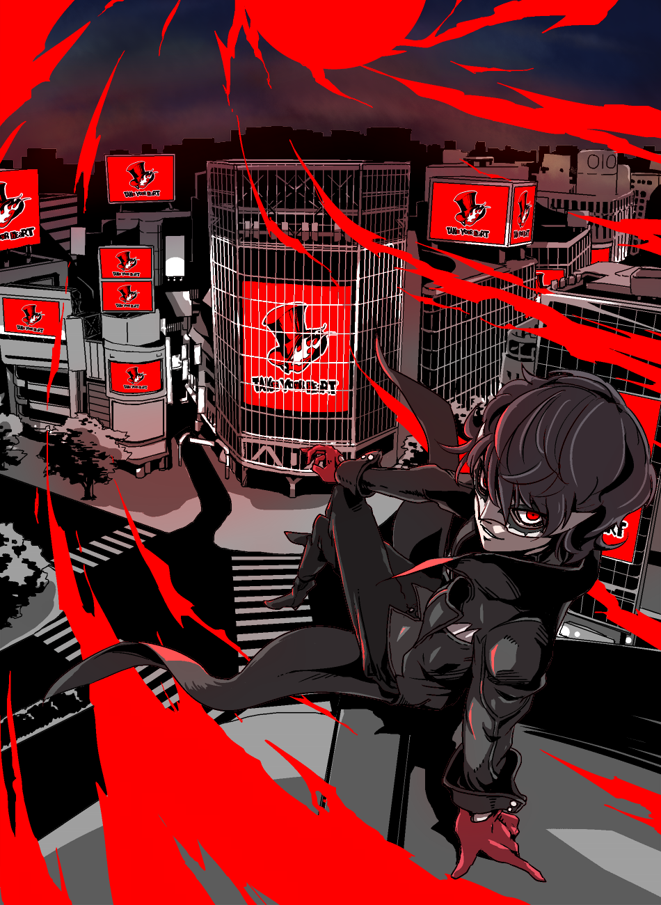 1boy, amamiya_ren, black_coat, black_hair, black_pants, coat, crossed_legs, english_text, eyelashes, gloves, grin, hat, highres, limited_palette, long_sleeves, male_focus, mask, pants, persona, persona_5, red_eyes, red_gloves, road, short_hair, smile, street, tailcoat, top_hat, white_mask, yagi_12