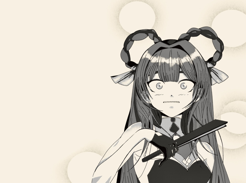 1girl, bare_shoulders, braid, china_dress, chinese_clothes, dress, earrings, flower, gloves, goddess_of_victory:_nikke, greyscale, hair_ribbon, hair_rings, hand_fan, highres, holding, holding_fan, jewelry, long_hair, monochrome, o9sec_nezumi3, ribbon, sitting, solo, surprised, thigh_strap, thighs, twin_braids, very_long_hair, white_flower, wide-eyed, yan_(nikke)