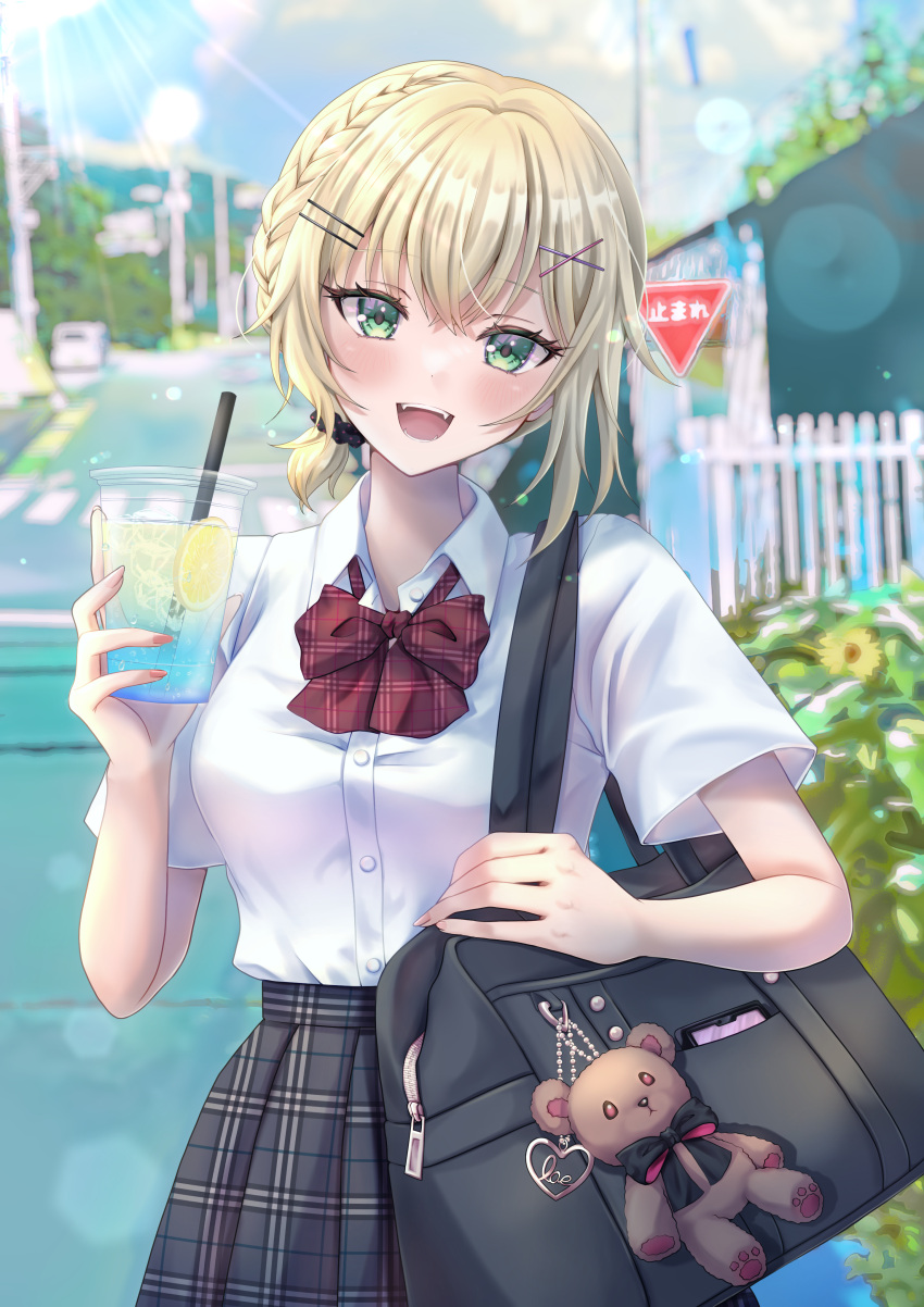 1girl, absurdres, allymidorikawa, bag, bag_charm, black_bag, black_scrunchie, blonde_hair