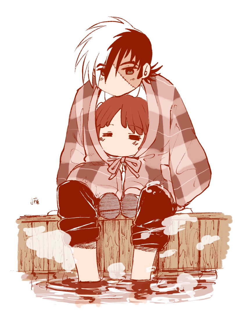 1boy, 1girl, =_=, amane_shinji, black_hair, black_jack_(character), black_jack_(series), blanket
