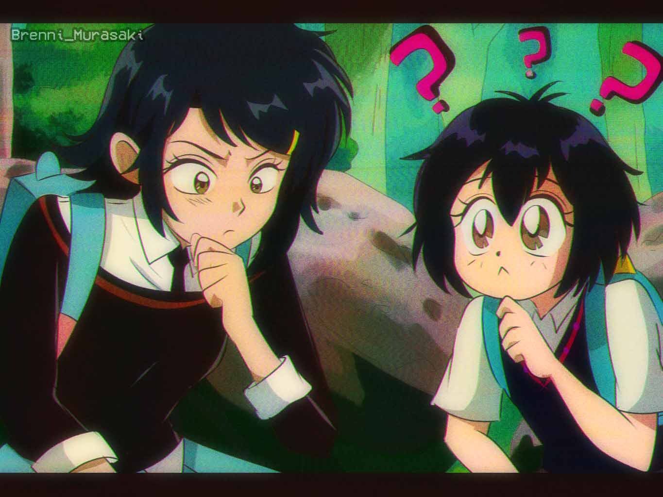 2girls, ?, age_difference, backpack, bag, black_hair, black_necktie, black_sweater_vest